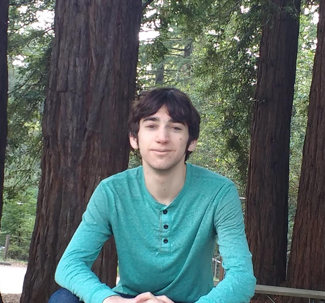 A picture of me sitting in front of some redwood trees